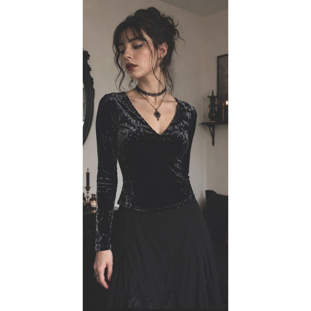 MNG Mango Basics Velvet Top Women's M Black V Neck Long Sleeve Whimsigoth Witchy